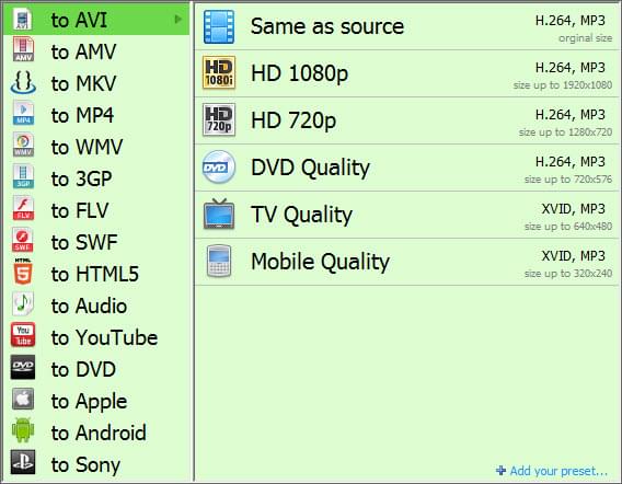 output video and audio formats